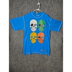 Beyond The Limit Men Blue Graphic Skull Sequin Embroidered T-Shirt XL BTL Casual